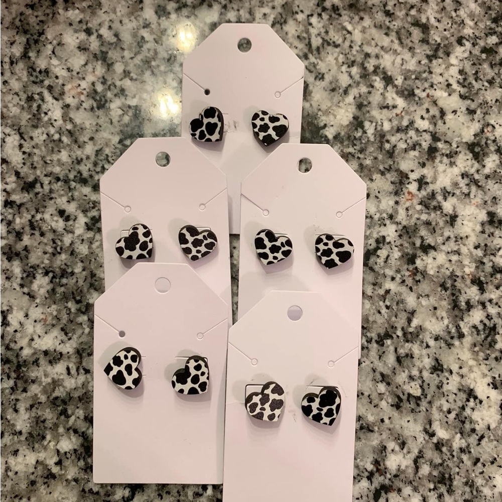 5 pairs of cow print heart earrings hand painted